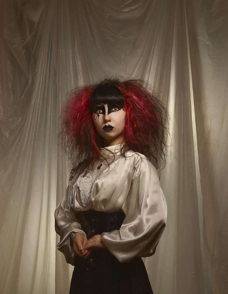 A young woman with vivid makeup and distinctive red-tipped hairstyle strikes a pose indoors against a textured white backdrop. She is wearing a satin blouse and corset.
