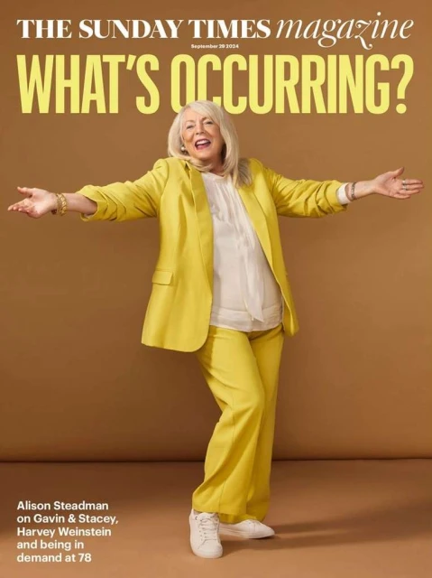 Magazine cover featuring Alison Steadman in a yellow suit, smiling with arms open, against a tan background. 'The Sunday Times Magazine' displayed.