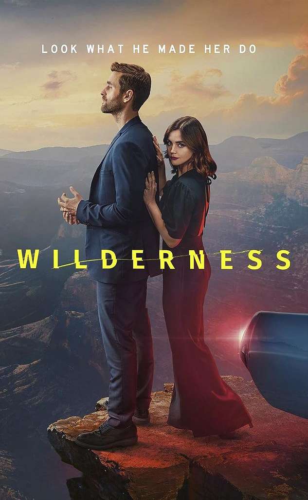 A man and a woman stand on a promontory overlooking a valley at sunset in a promotional poster for the show Wilderness.