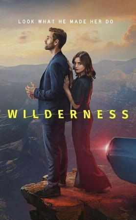 A man and a woman stand on a promontory overlooking a valley at sunset in a promotional poster for the show Wilderness.