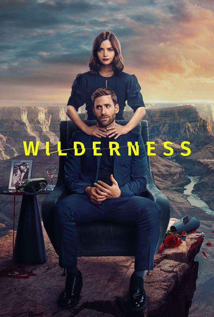 A dramatic movie poster for 'Wilderness' featuring a woman standing behind a seated man against a canyon backdrop at sunset.
