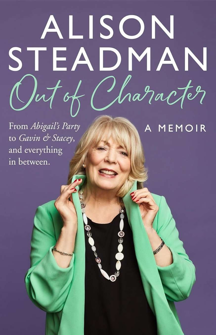 Book cover featuring Alison Steadman's memoir 'Out of Character' against a purple background, showcasing the actress in a green blazer.