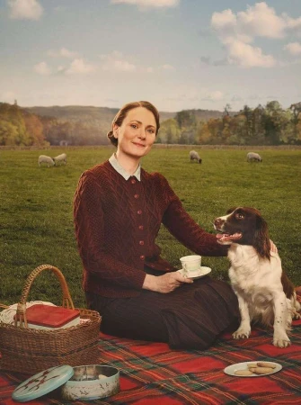 Woman and dog enjoy a picnic on a green field with sheep in the distance on a sunny day, creating a serene outdoor scene.