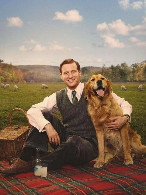 Man and a golden retriever sit together on a red plaid blanket in a field with sheep, enjoying a picnic on a sunny day.