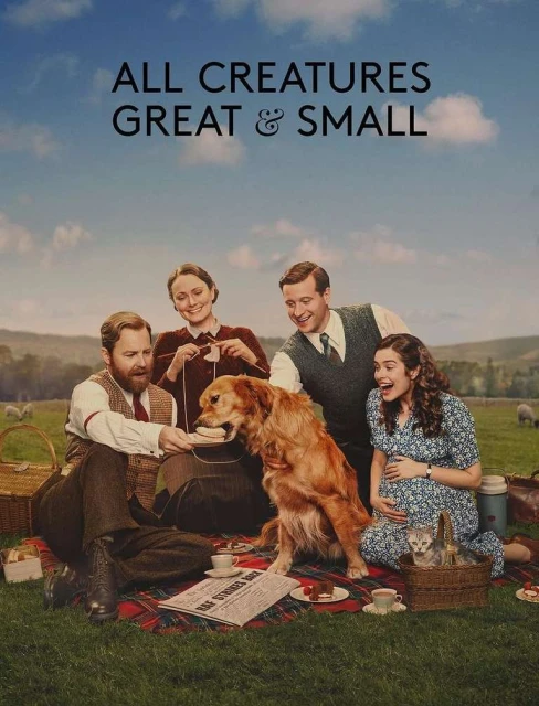 Outdoor picnic scene featuring four adults, a Golden Retriever, and a kitten, set against a scenic backdrop of rolling hills and blue skies.