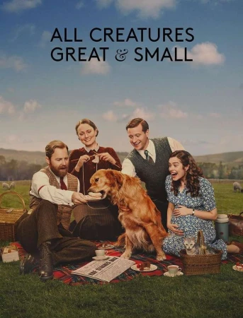 Outdoor picnic scene featuring four adults, a Golden Retriever, and a kitten, set against a scenic backdrop of rolling hills and blue skies.