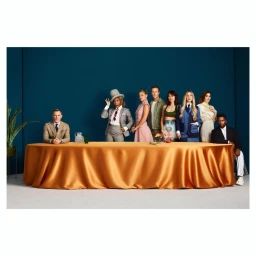 An ensemble cast portrait with a large group of people standing and sitting behind a long table draped in a golden-orange cloth.