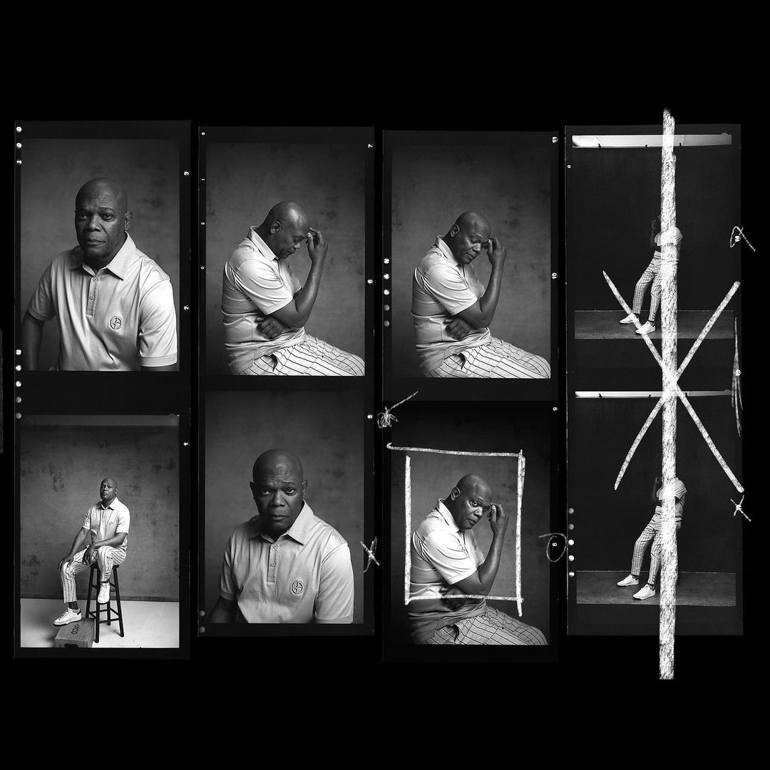 A series of black and white portraits of an African American man in various poses and expressions, set against a dark background.