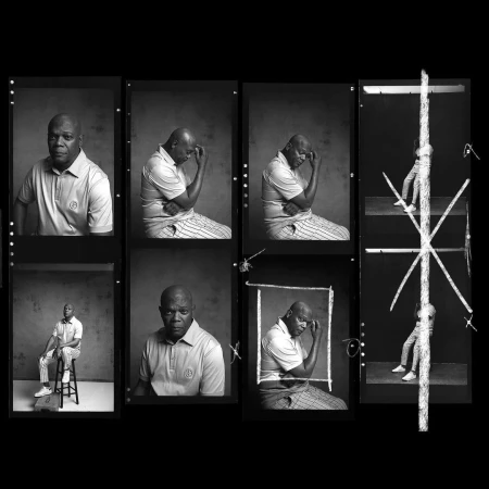 A series of black and white portraits of an African American man in various poses and expressions, set against a dark background.