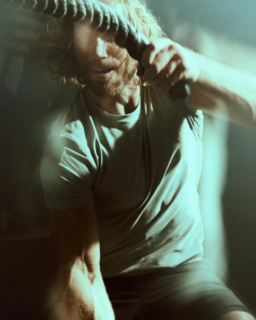 Athletic man with long hair works out with battle ropes in a fitness center, wearing a t-shirt and shorts, bathed in dramatic lighting.