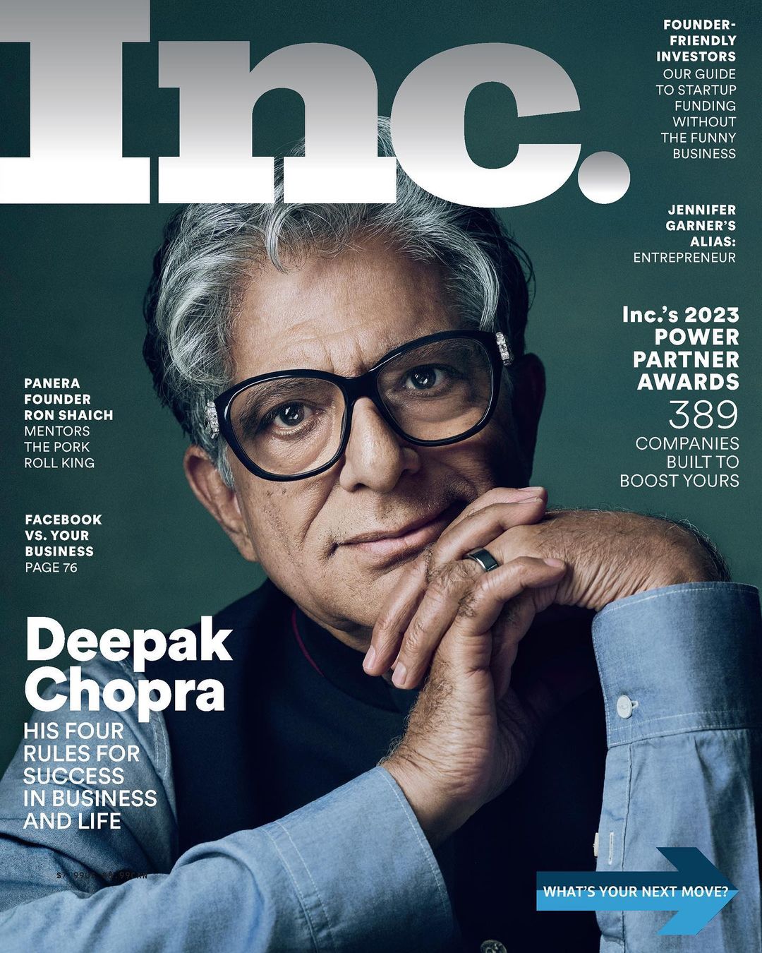 Inc. magazine cover featuring Deepak Chopra, wearing glasses and a light blue shirt, with text and magazine branding.