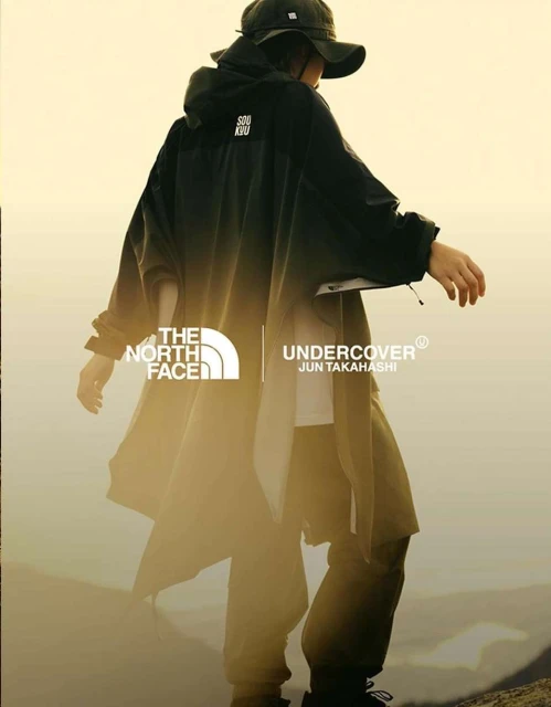 Person in outdoor apparel stands on a mountain, showcasing a collaboration between The North Face and Undercover by Jun Takahashi.