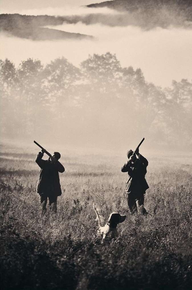 Monochrome image of two adult males hunting with a dog in a field, foggy forest background, using shotguns in a rural outdoor environment.