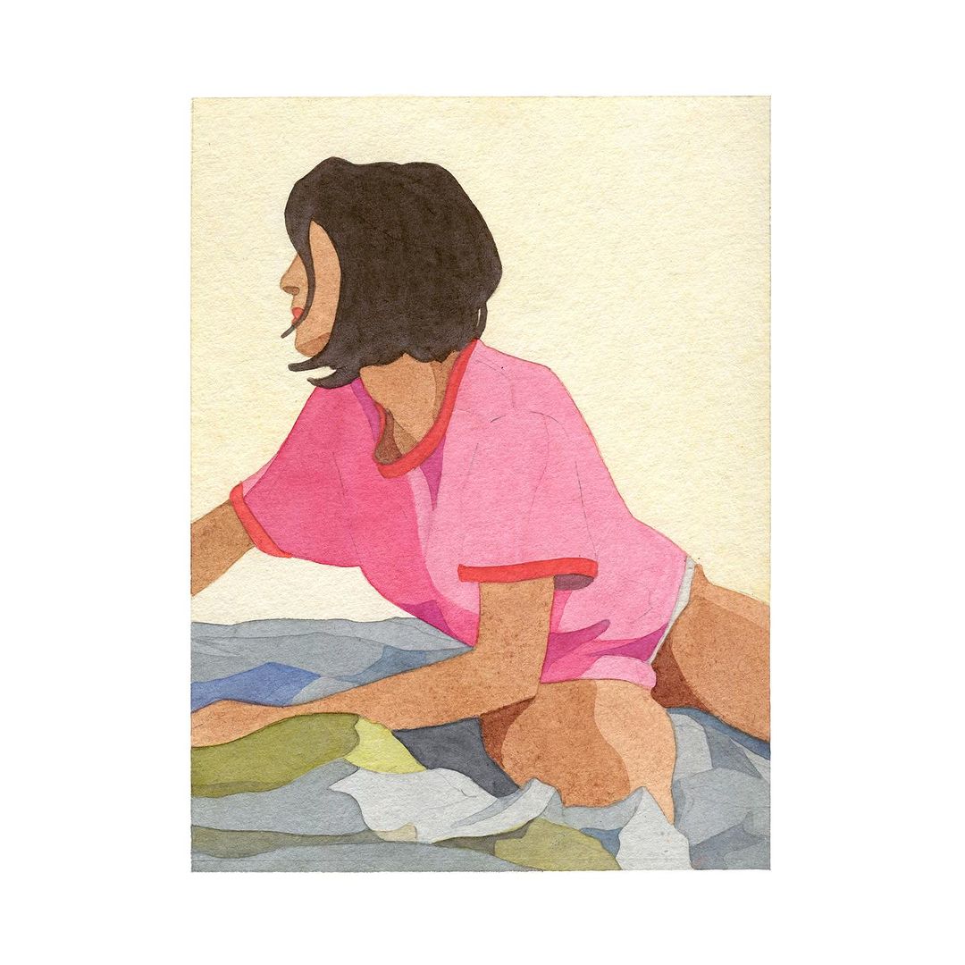 Illustration of a woman in a pink shirt lounging on a bed, depicted in a flat, layered style with a focus on color and form.