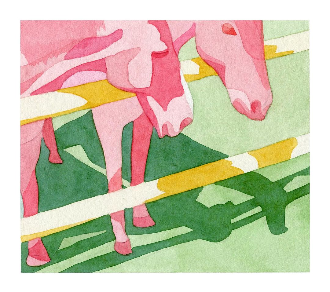 Watercolor painting of two pink cows behind a yellow and white fence against a light green background and dark green shadows.