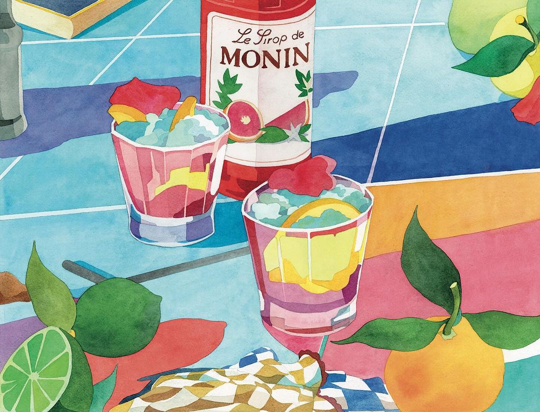 Vibrant watercolor illustration featuring a bottle of syrup, two glasses of crushed ice, and various fruits such as limes and oranges.
