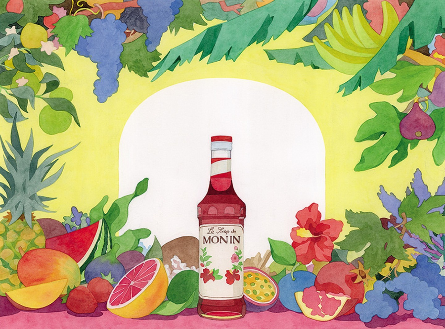 Illustration of a Monin syrup bottle surrounded by assorted fruits including bananas, grapes, pineapple, grapefruit, strawberries, and flowers.
