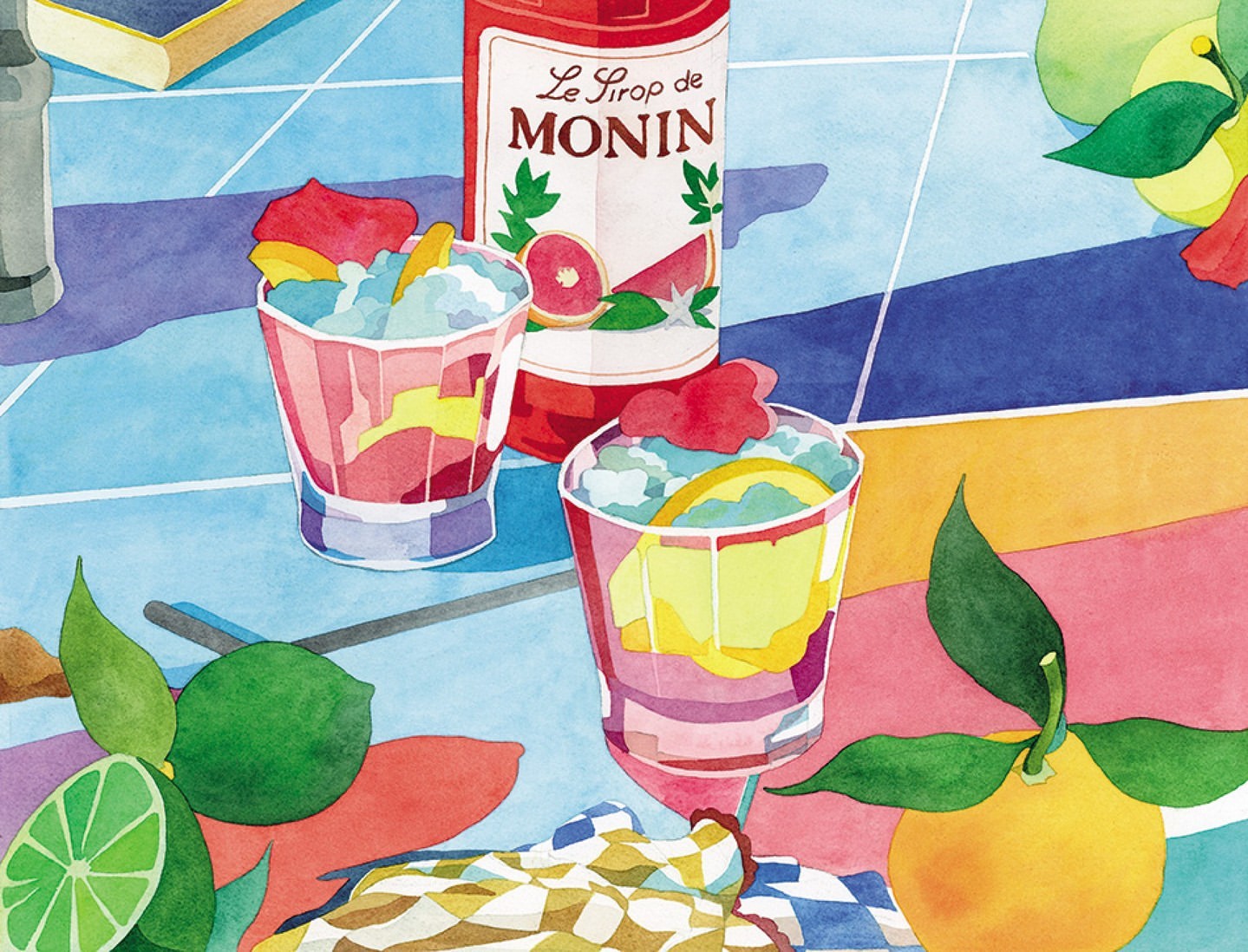 Watercolor painting on tiled table featuring two shaved ice cocktails with sliced fruit, a syrup bottle, limes, and a checkered cloth.