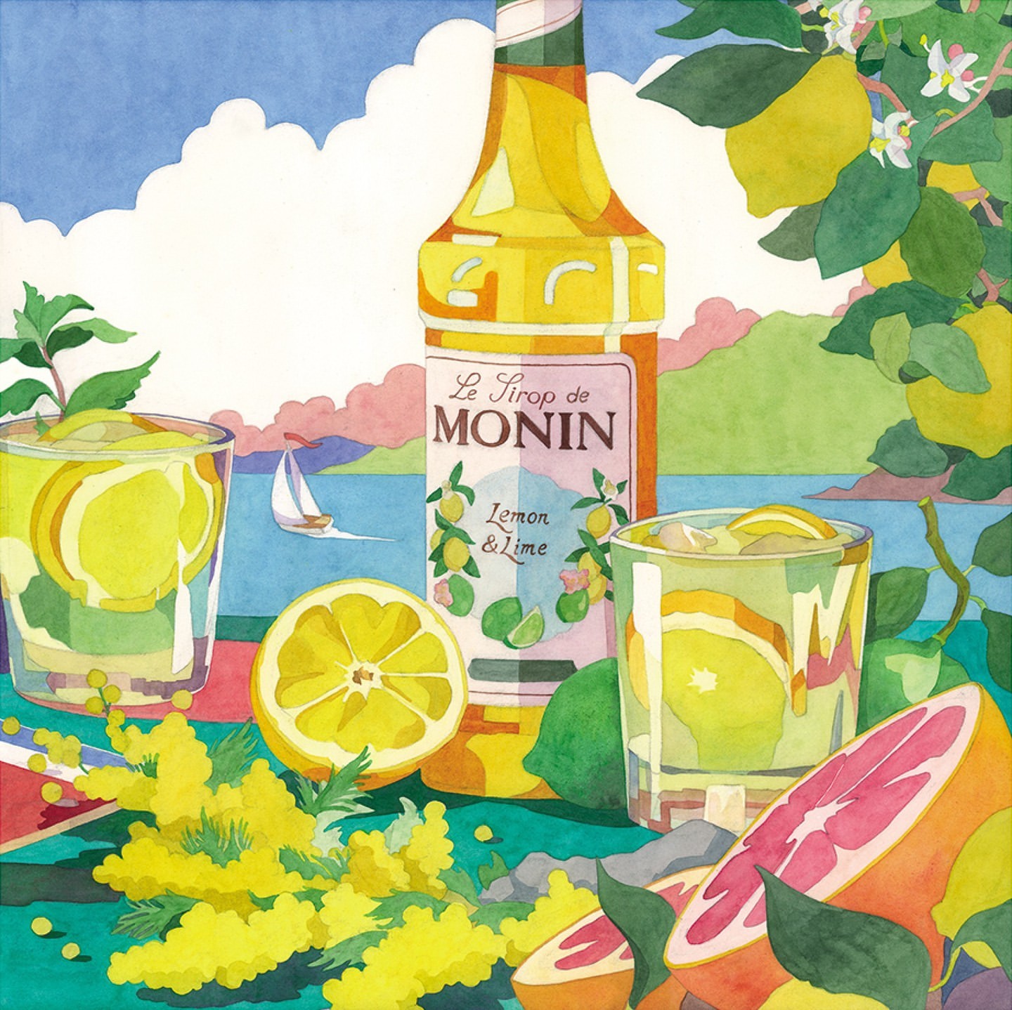 Illustration of a bottle of lemon and lime syrup with lemons, grapefruit, and flowers in a still-life setting against a blue sky.