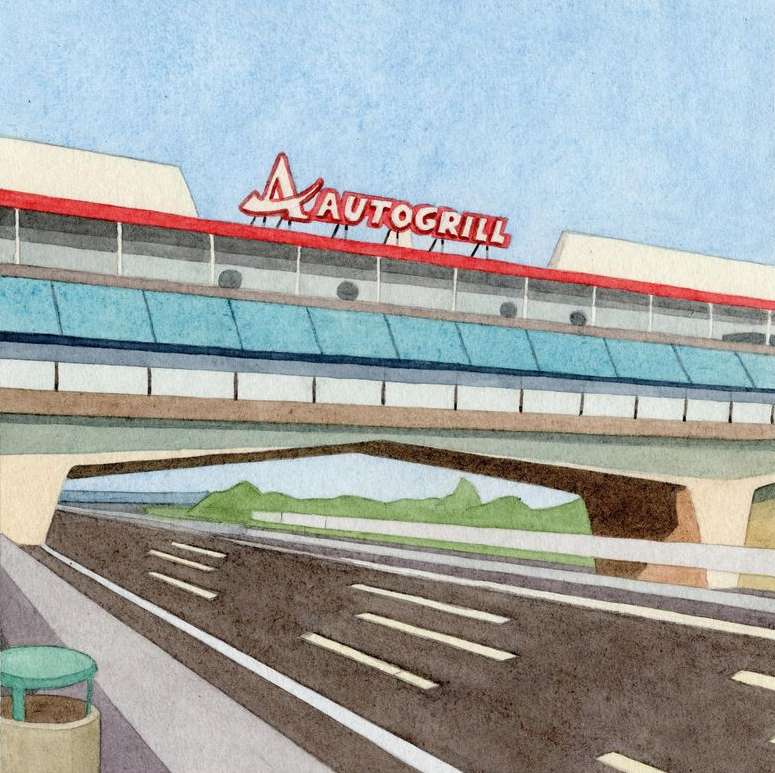Watercolor illustration of an Autogrill service station on an elevated platform, with a highway visible beneath it and a light blue sky.