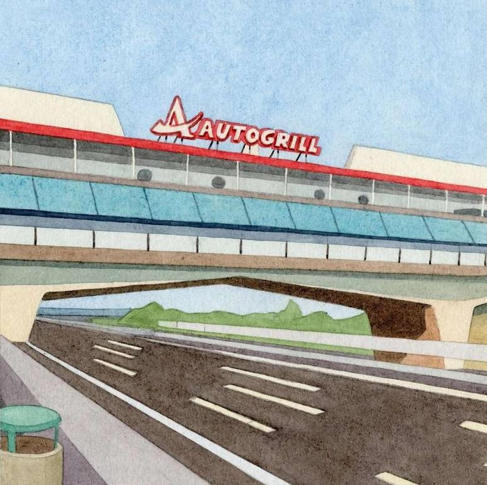 Watercolor illustration of an Autogrill bridge spanning across a highway under a clear blue sky by Jean Aubertin.