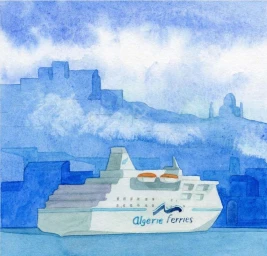 Watercolor illustration of a white passenger ferry on blue water with a coastal town and sky in blue washes.