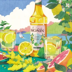 Watercolor illustration of a Monin Lemon and Lime syrup bottle surrounded by citrus fruits, glasses, and a coastal landscape.