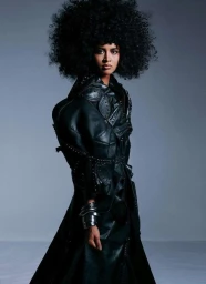 Model with voluminous black afro hair wearing a structured leather coat against a grey studio backdrop.