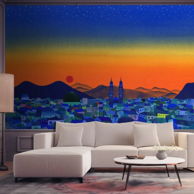 Living room interior featuring a white sectional sofa, round coffee table, and a large painting of a cityscape with mountains and sky.
