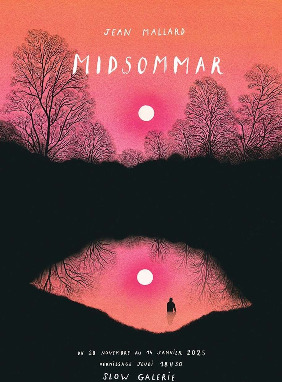 Art poster for Midsommar exhibition featuring trees reflected in water with a silhouetted figure against a pink sky and sun.