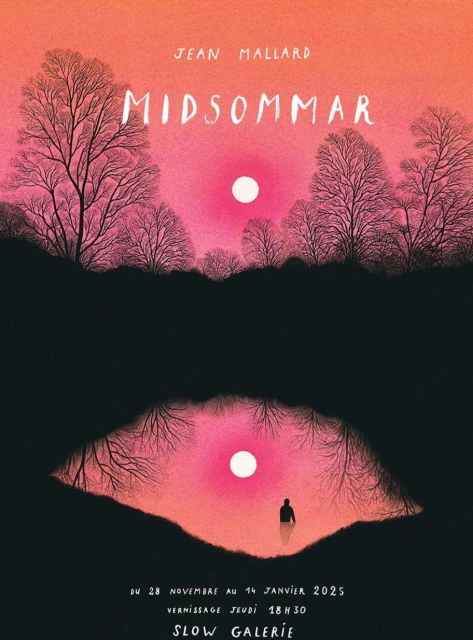 Art poster for Midsommar exhibition featuring trees reflected in water with a silhouetted figure against a pink sky and sun.