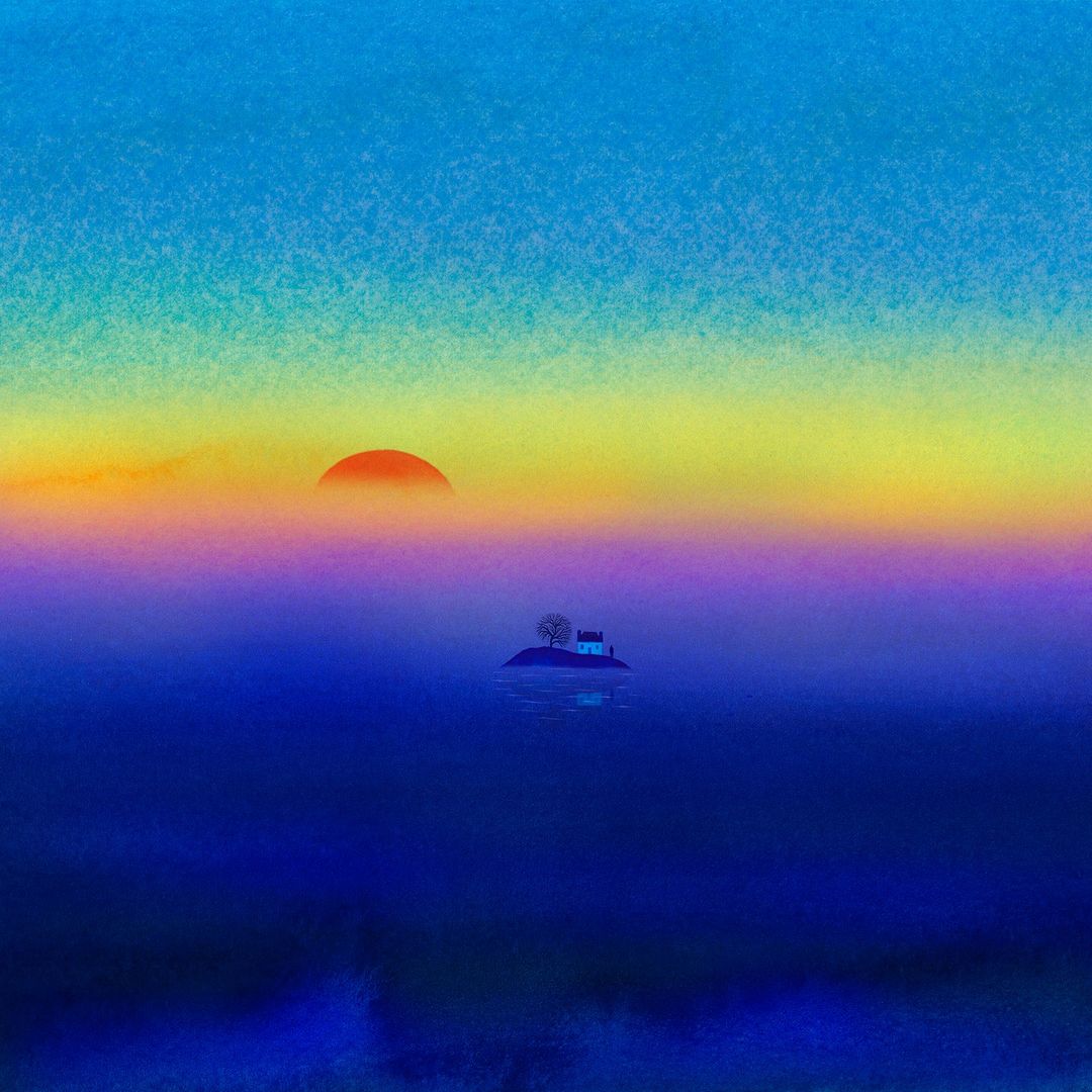 Illustration of a tiny island with a house and trees in a vast blue sea under an orange sunset, creating a serene landscape.