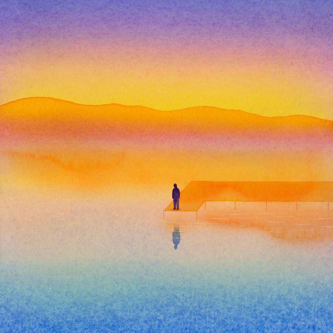 Watercolor illustration of a person on a dock looking out at water, with orange mountains and a colorful sky in the background.