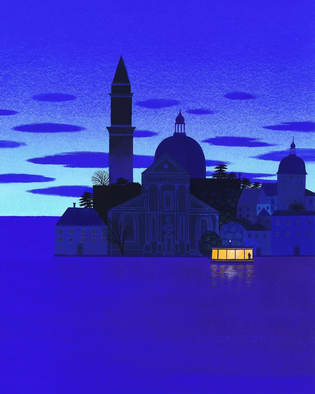 Stylized illustration of an island cityscape with a domed church, tall tower, and brightly lit modern house at twilight.