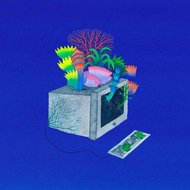 Surreal illustration of a computer monitor overgrown with colorful coral and plants against a vibrant blue background, watercolor style.
