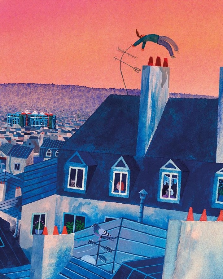 Illustration of a person falling from a building in a blue-toned cityscape with windows, rooftops, and a vibrant pink sky at dusk.