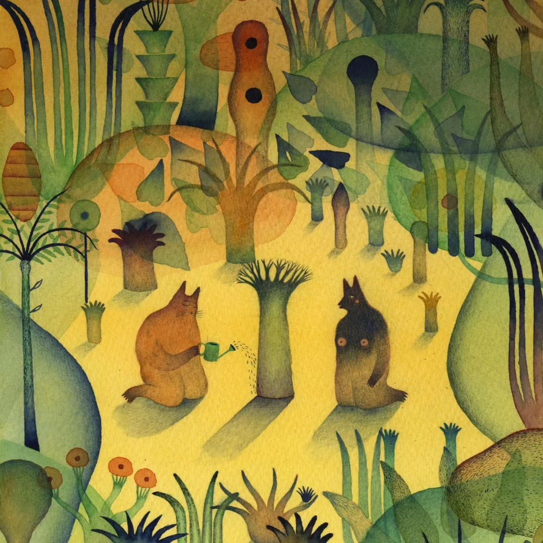 Watercolor illustration of two anthropomorphic cat-like figures in a garden with various plants and trees, one watering with a green can.
