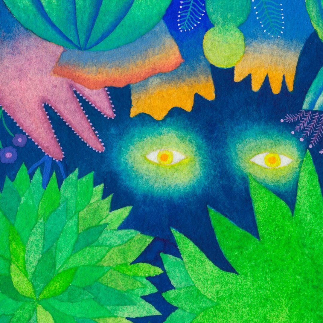 Whimsical illustration featuring vibrant green foliage and abstract, glowing eyes amidst a dark blue background, created with watercolor textures.