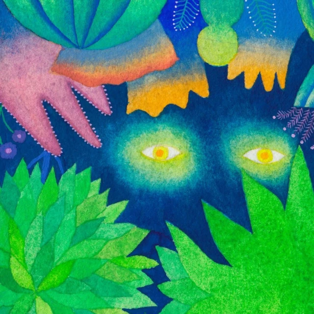 Whimsical illustration featuring vibrant green foliage and abstract, glowing eyes amidst a dark blue background, created with watercolor textures.