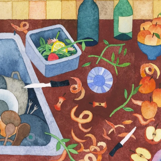 Overhead watercolor illustration of kitchen prep area with apples, peels, a sink with dirty dishes, food scraps, bottles, and a knife.