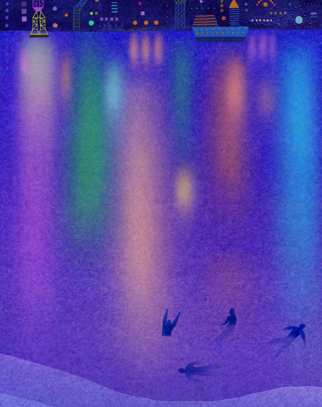 Illustration showing silhouettes of people swimming underwater with colorful city lights reflecting on the surface in the background at night.