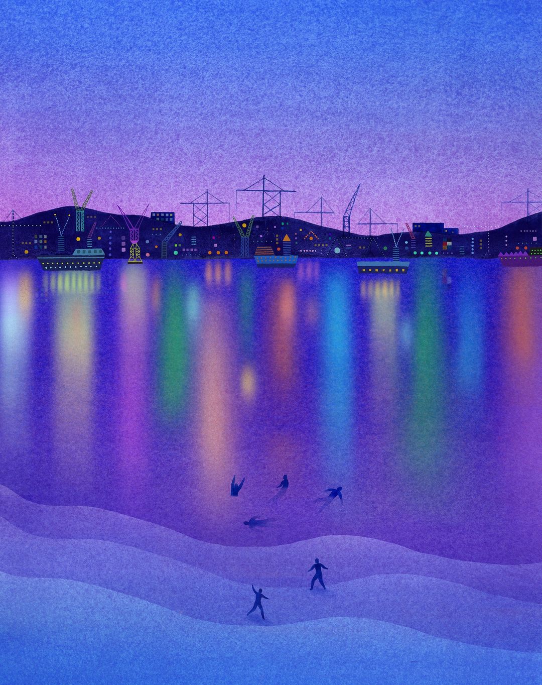 Digital art of silhouetted figures on a beach with colorful city lights reflecting on the water at dusk under a twilight sky.