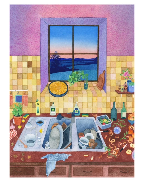 Watercolor painting of a cluttered kitchen sink filled with dirty dishes, surrounded by kitchen items under a window with a landscape view.