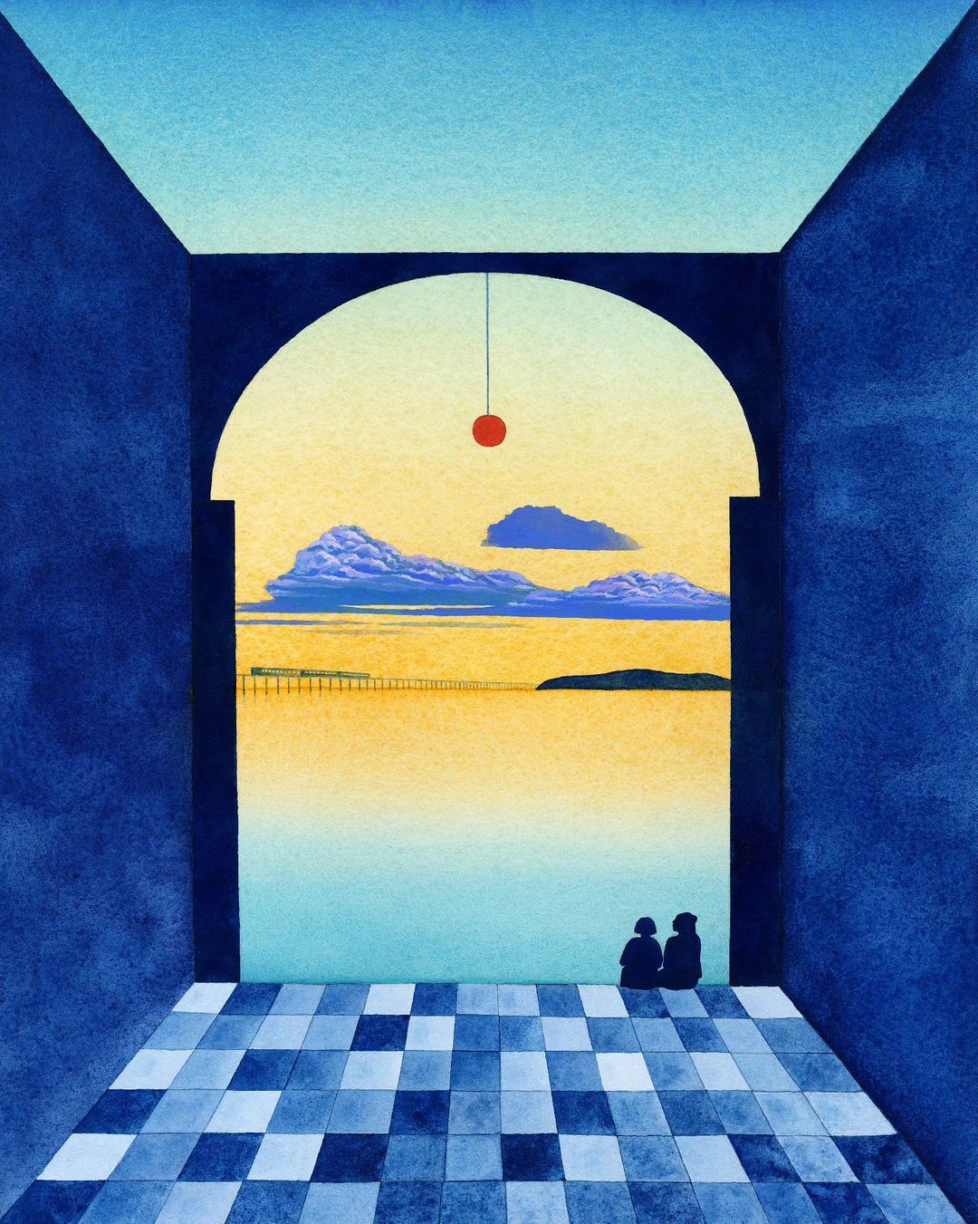 Artistic rendering of a couple sitting in a blue-toned room, gazing out through an archway at a serene, distant seascape with clouds.