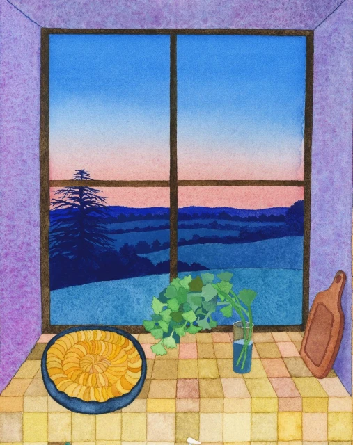 Watercolor painting of a window overlooking a rural landscape, with a galette and a vase of leafy stems on a tiled surface.
