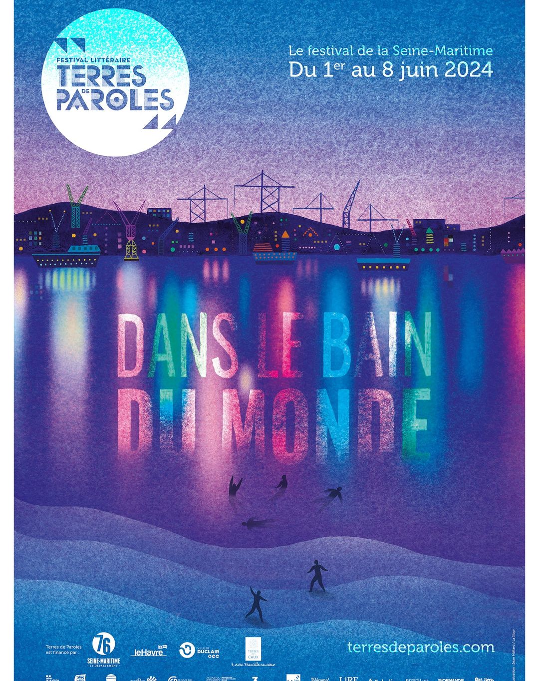Illustrated poster for the Terres de Paroles literary festival, featuring figures on a shore and the city lights reflecting on water.