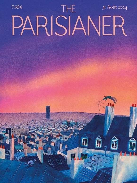 Illustration of a cityscape with blue and white buildings beneath a sunset sky with pink and purple hues, reminiscent of a magazine cover.