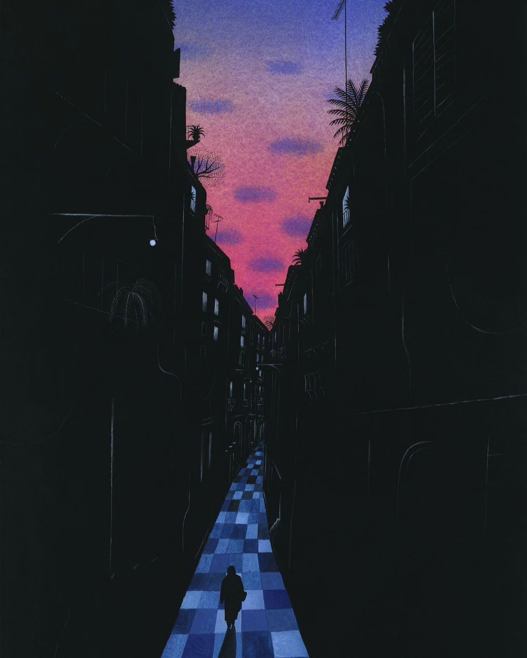 A digitally painted alleyway at dusk, featuring a lone pedestrian walking down a blue tiled street, set against a backdrop of dark buildings.