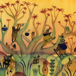 Detailed watercolor illustration by Jean Mallard featuring fantastical creatures interacting in a whimsical tree canopy landscape.