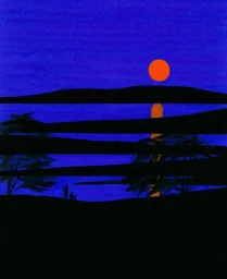 Illustration by Jean Mallard depicting a nocturnal landscape with a glowing orange moon and dark silhouettes of figures and trees.